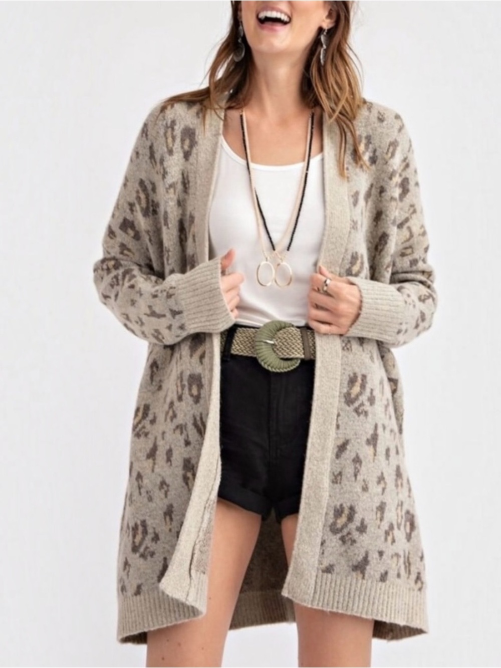 New Easel Leopard Knit Pattern Open Front Long Cardigan Sweater Gray Women Small - Picture 6 of 14